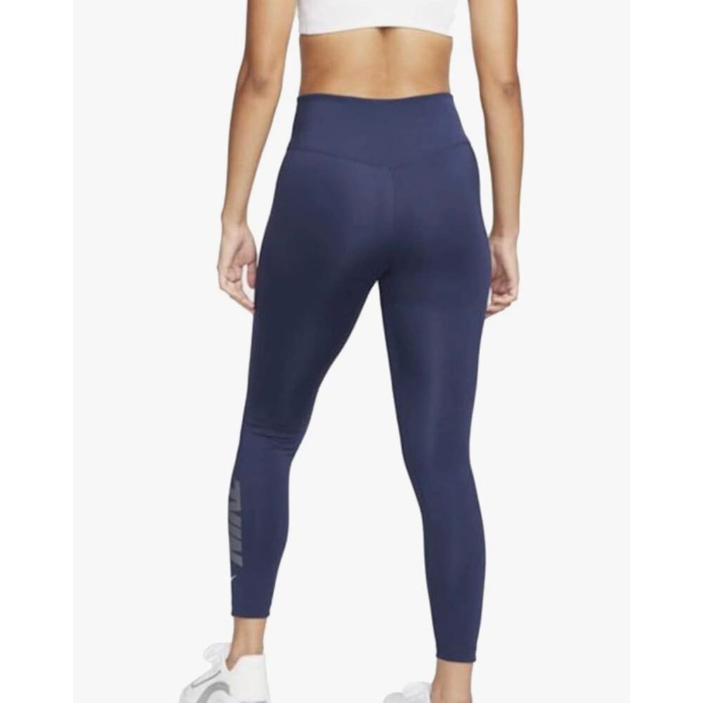 Nike Womens Leggings Dri Fit Mid Rise 7/8 Graphic Logo Navy L Active Gym Running - Picture 3 of 12